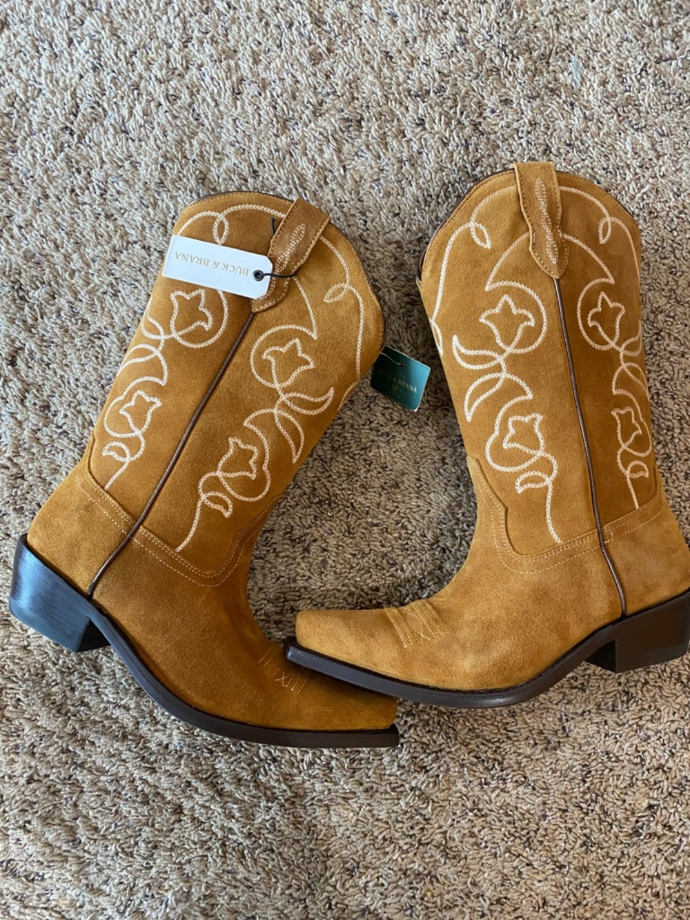 Buck & Branna Tan Suede Western Heeled Boots for Women